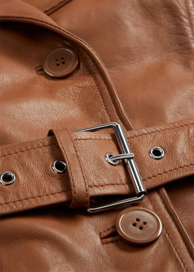 Gabardina de cuero de napa de cordero con cinturón (2 piezas) Coñac